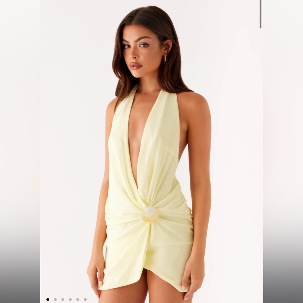 Peppermayo Pale Yellow Plunge Halter Mini Dress